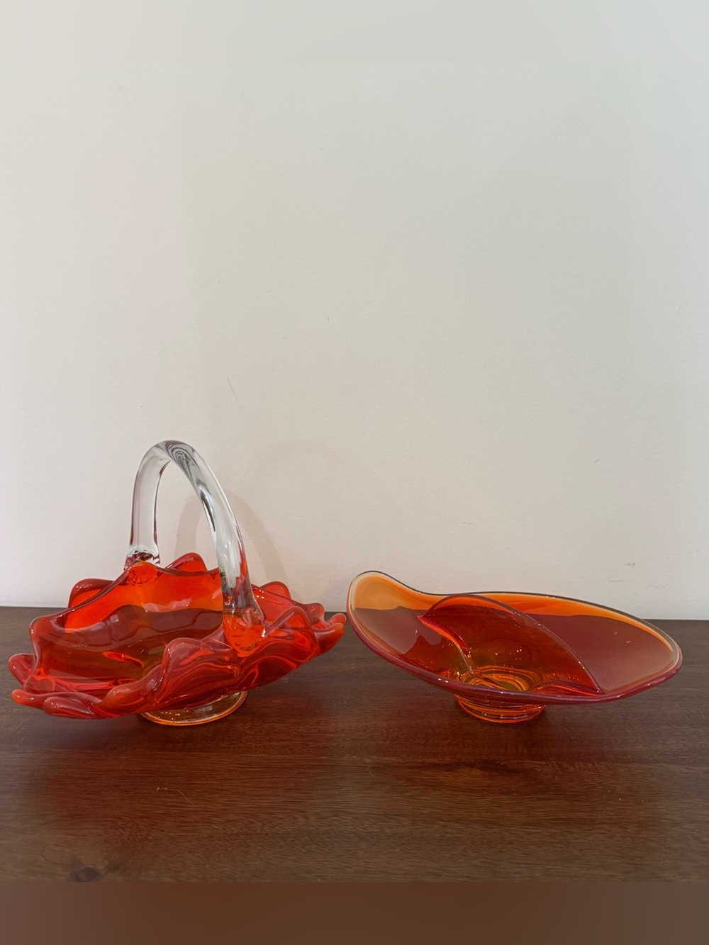 Vintage Viking Glass Double Crimped Orange Persimmon Basket & Divided Bowl Candy